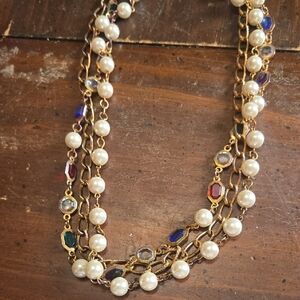 Vintage Pearl, Gold Tone, Chain and Multicolor Gemstone Necklace 80s